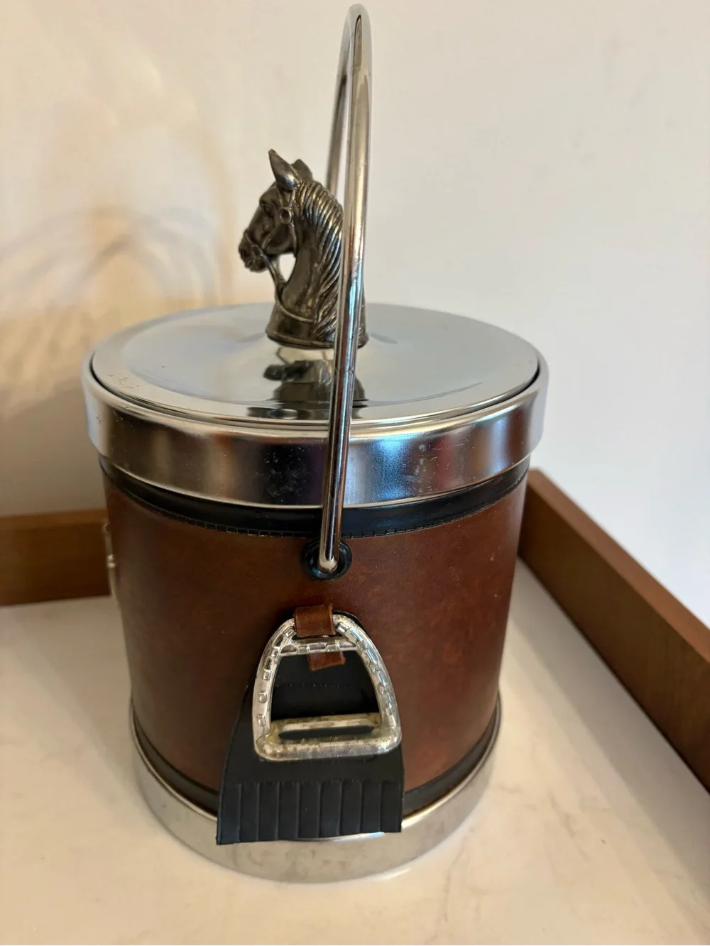 Vintage Equestrian Polo Faux Leather Ice Bucket with Horse Head Lid